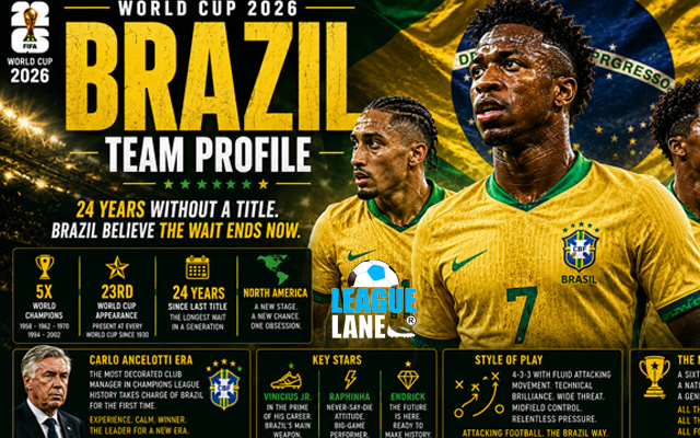 LeagueLane's tweet photo. Can Carlo Ancelotti finally end Brazil’s 24-year wait for a sixth World Cup title? 🇧🇷🏆

With a squad featuring a peak Vinicius Jr. and the explosive energy of teenage sensation Endrick, the Seleção arrive with massive expectations. We break down their official roster, Ancelotti's tactical blueprint, and their tournament outlook.

See why we are backing the tournament favorites to go all the way:
🔗 https://t.co/UYeOdjenTP