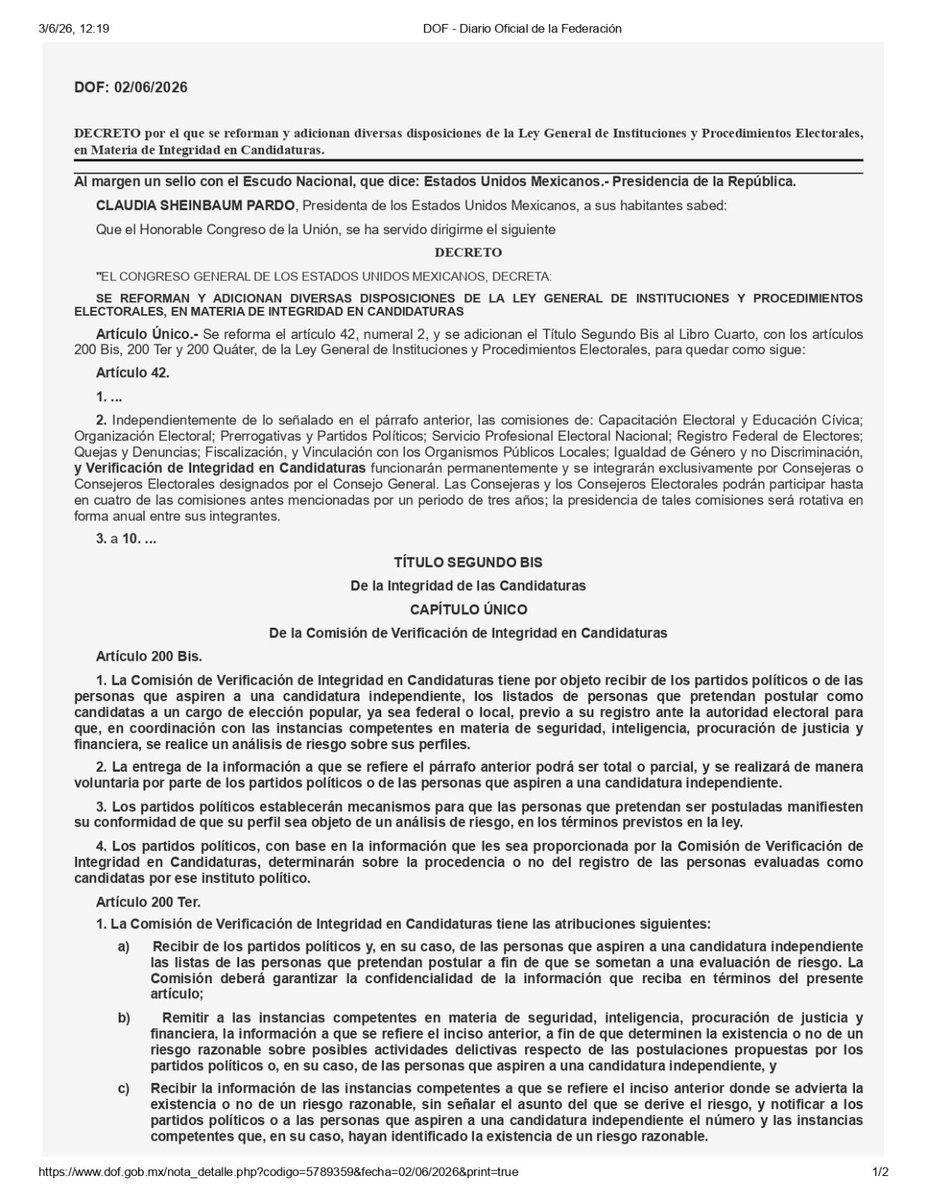 GabyCoutino's tweet photo. 1) Lo bueno: Publica el @GobiernoMX en el @DOF_SEGOB el Decreto que reforma la #LeyElectoral para crear la "Comisión de Verificación de Integridad en #Candidaturas" dentro del @INEMexico para realizar análisis de riesgo a los perfiles que busquen una Candidatura federal o local y poder detectar los posibles vínculos con actividades delictivas antes de su registro