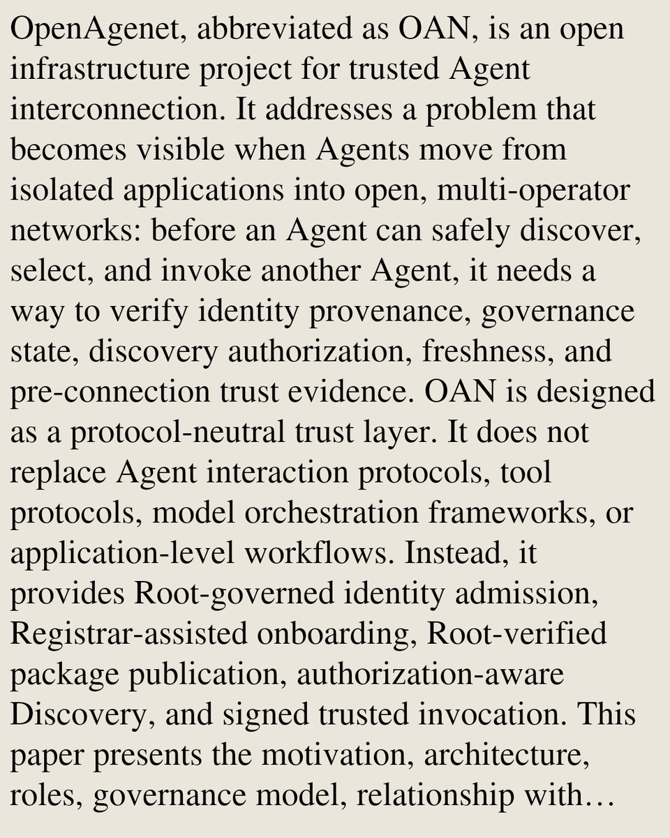 PIN's tweet photo. OpenAgenet/OAN: Open Infrastructure for Trusted Agent Interconnection

Jinliang Xu
https://t.co/hpmV2ruHHR [𝚌𝚜.𝙼𝙰 𝚌𝚜.𝙰𝙸] https://t.co/76huX5FP4u