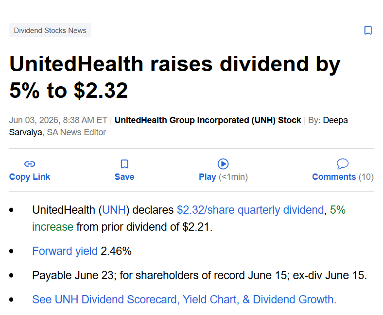 CKTH85's tweet photo. UnitedHealth erhöht die Dividende ab diesem Monat um 5% von bisher 2,21 USD auf 2,32 USD. 
Das dürfte die 17. Erhöhung in Folge sein. https://t.co/A14g1WXNqF