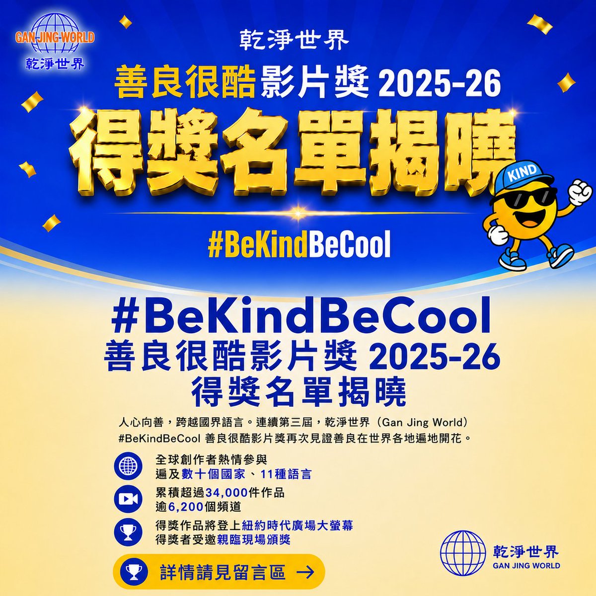 GanJingWorldzh's tweet photo. 🔥#BeKindBeCool 善良很酷影片獎 2025-26 得獎名單揭曉
人心向善,跨越國界語言。
來自全球各地的創作者,用影像分享善良與希望,讓更多人看見善的力量。
恭喜所有得獎者!🌎✨
完整文章 👉🏻 https://t.co/HHcXo84Y8l
#BeKindBeCool #Kindness #GanJingWorld #乾淨世界 #善良很酷 #SpreadKindness https://t.co/VFEuBedqii
