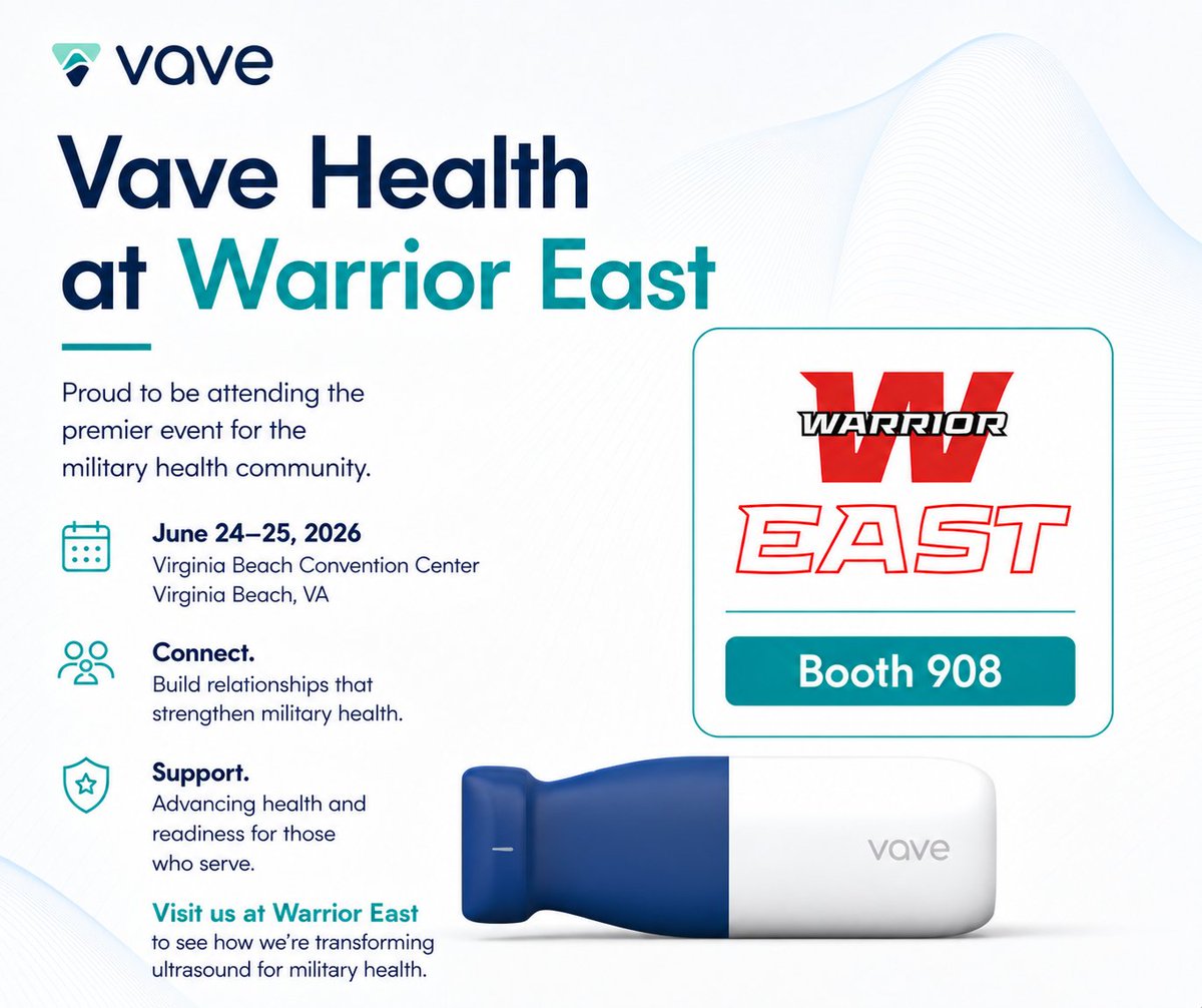VaveHealth's tweet photo. We're heading to #WarriorEast 2026 🇺🇸

Visit Vave Health at Booth 908 to see how our Universal Probe is helping bring fast, portable ultrasound to military healthcare.

📅 June 24–25, 2026
📍 Virginia Beach Convention Center

#MilitaryHealth #POCUS #Ultrasound #VaveHealth https://t.co/WsDrzqNSPF