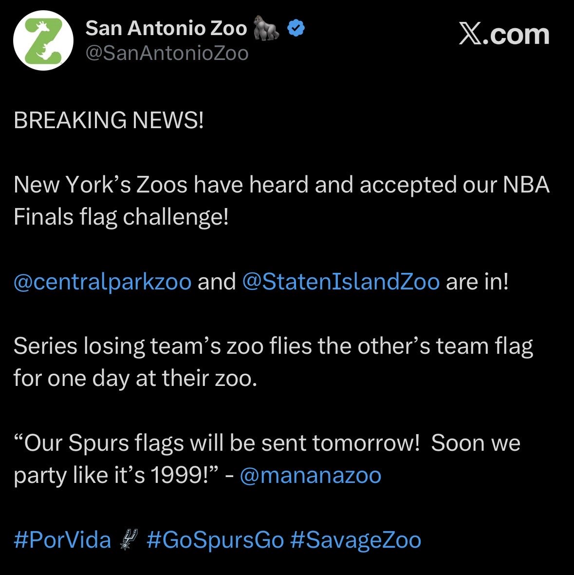 ticket760's tweet photo. Shoutout to .@MananaZoo and the .@SanAntonioZoo !!!
#PorVida #GoSpursGo #NBAFinals https://t.co/pv7WqGnyao