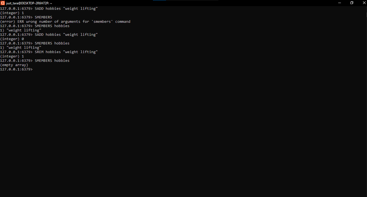 J_Tara_'s tweet photo. Day 46 of Learning Backend

Continued with Redis and Caching today.
I learnt about:
– Sets (SADD, SMEMBERS, SREM)
– Hash commands (HSET, HGET, HGETALL, HDEL, HEXISTS)
Hashes let you store objects with multiple fields, and Sets store unique values with no duplicates https://t.co/5Ij1RBB4mM