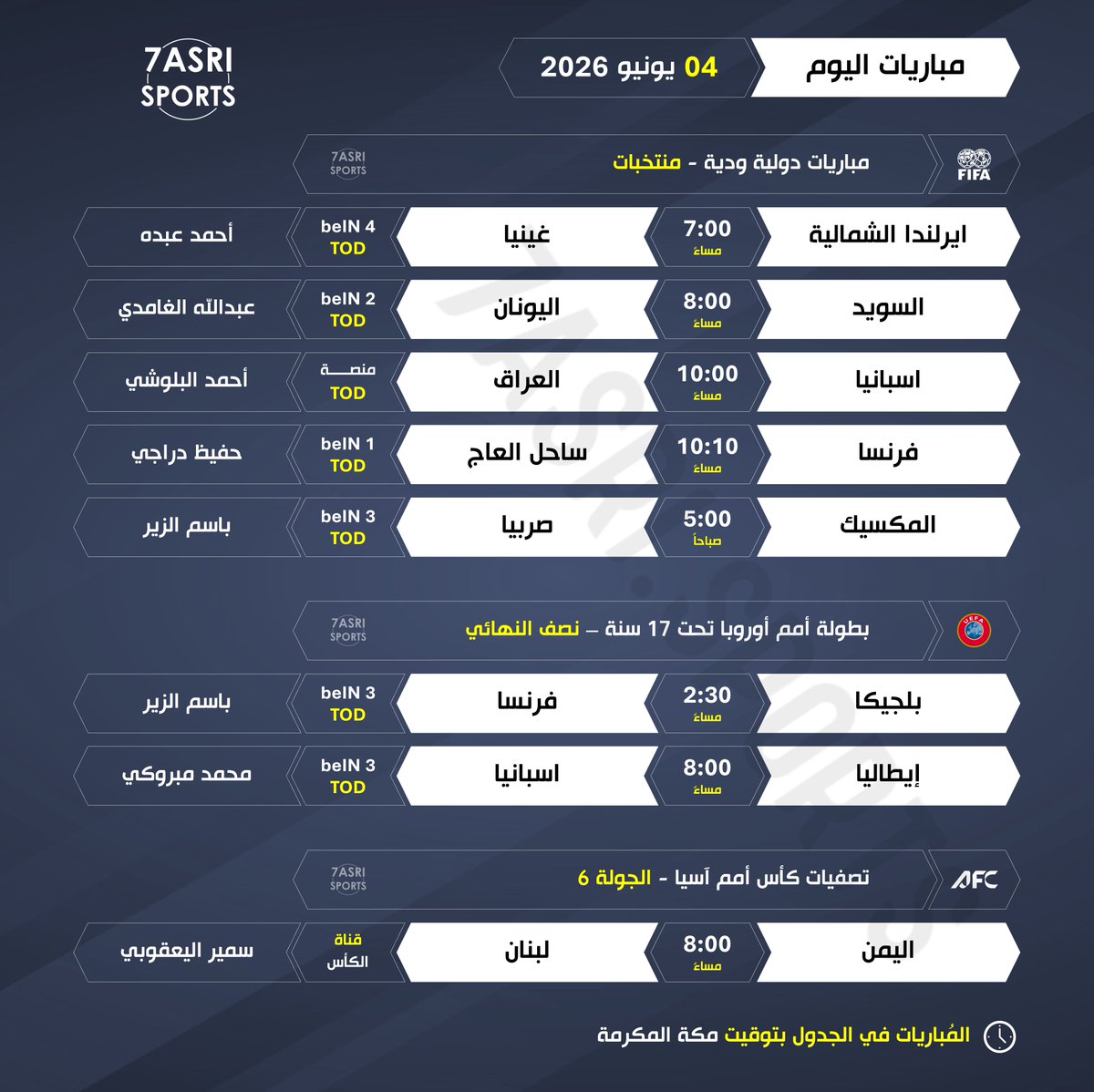 7ASRI_SPORTS's tweet photo. أهم مباريات اليوم ..
🗓️| الخميس 04 يونيو 2026
⏰| بتوقيت #مكة_المكرمة

#مباريات_اليوم https://t.co/mGIlikvRkU