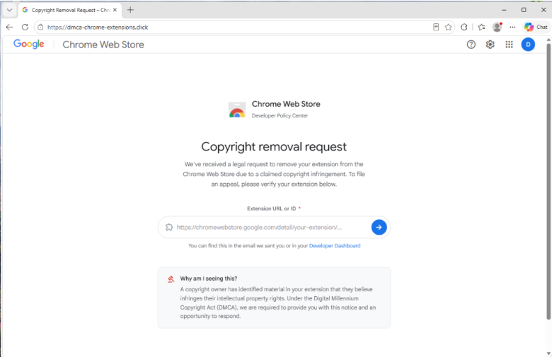 Malwarebytes's tweet photo. A new scam is targeting developers who publish Chrome extensions.

The scam appears to be an official-looking copyright removal request, but is actually a phishing scam designed to steal your Google account.

Read our research. https://t.co/yRKKSpHdie https://t.co/Wb4TGtjYz6