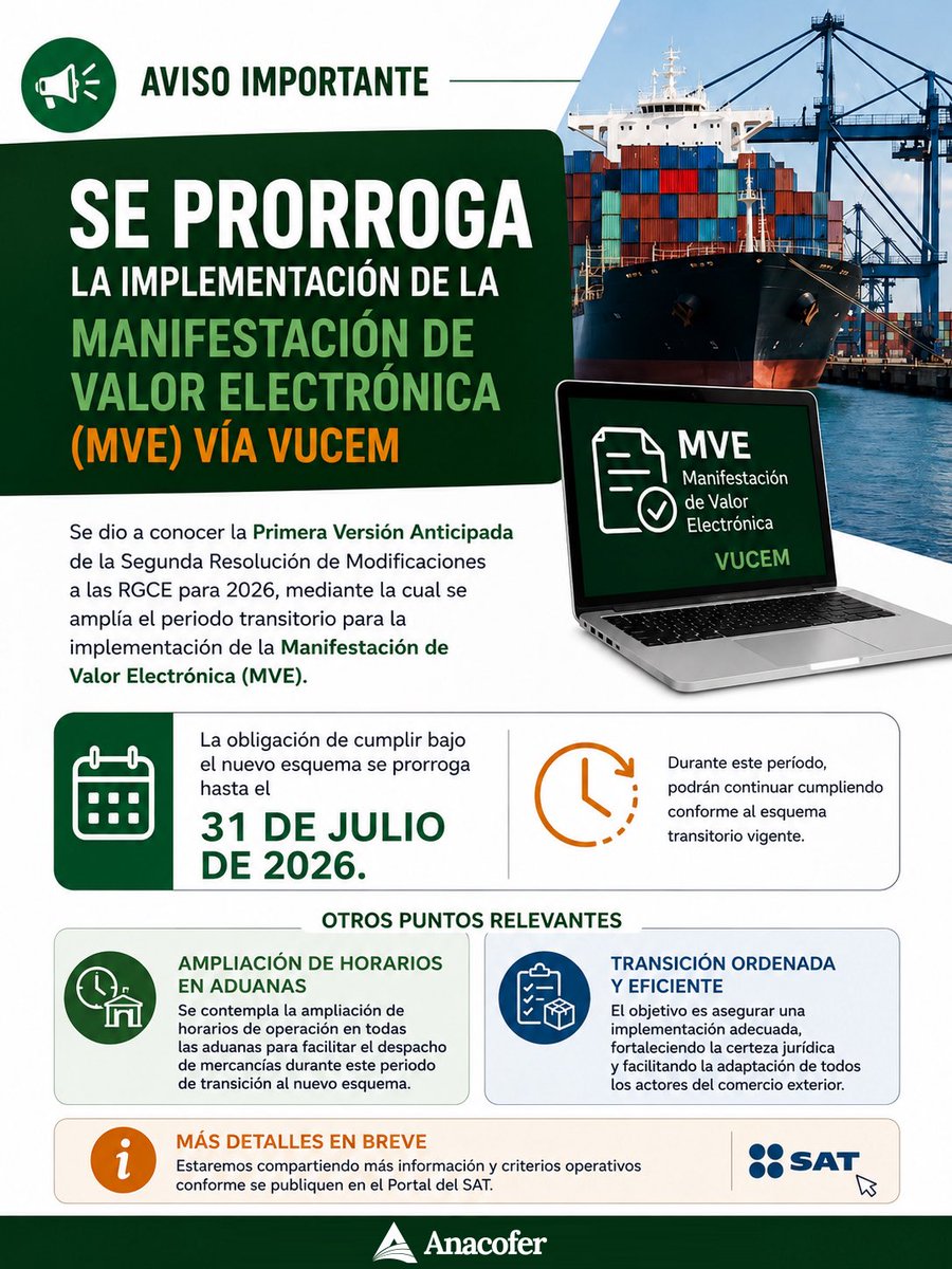 ANACOFERMEXICO's tweet photo. 📢 Aviso Importante 

Se prorroga la implementación de la Manifestación de Valor Electrónica (MVE) vía VUCEM hasta el 31 de julio de 2026. @Claudiashein  @Agricultura_mex https://t.co/4XgPTRjREb