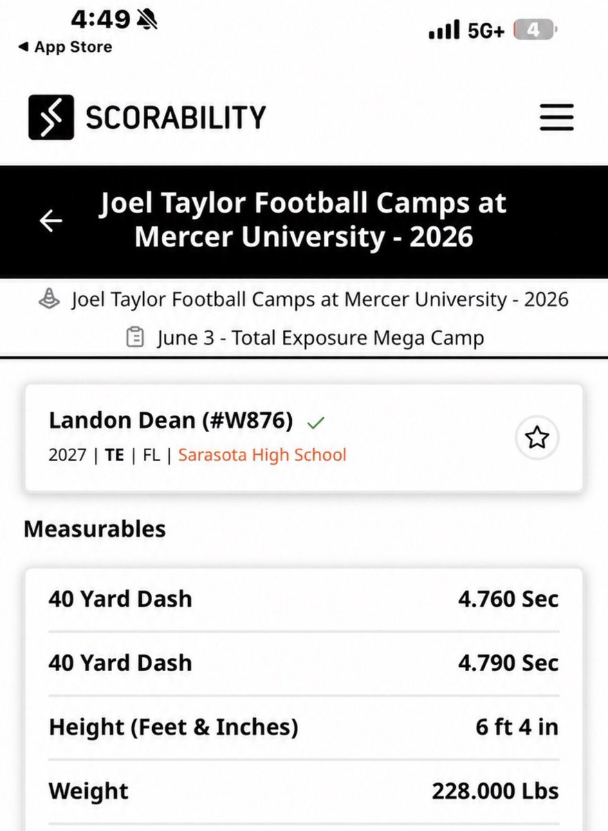 LandonDean2027's tweet photo. Had a great day at @MercerFootball today! Weighed in at 228 and ran 2 4.7s! Let’s go! @GeorgiaTechFB tomorrow! https://t.co/UJi4RAqwRU