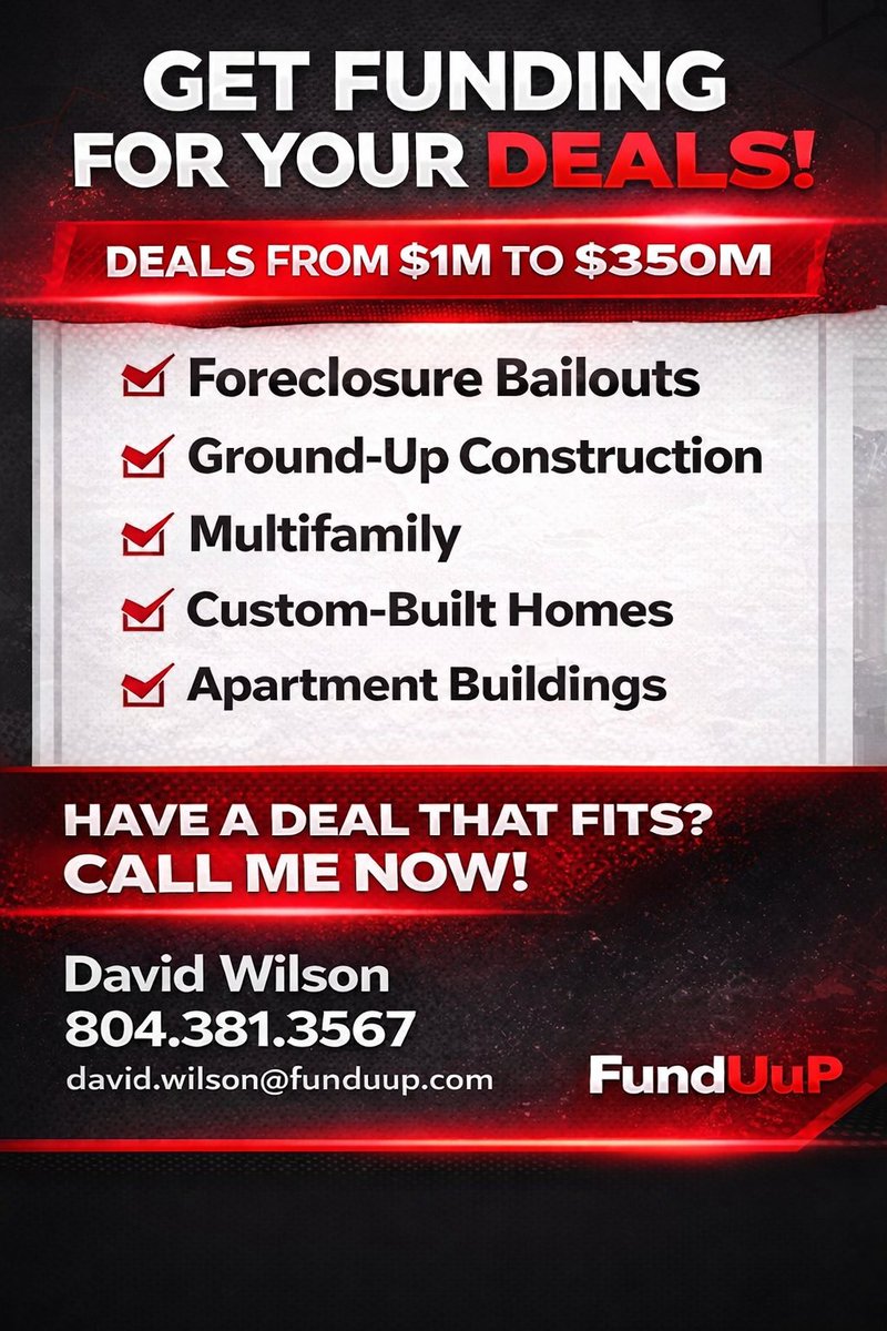 DeeWil's tweet photo. #CommercialRealEstate
#CREFunding
#CommercialBrokers
#RealEstateDevelopment
#MultifamilyInvesting
#GroundUpConstruction
#ConstructionLoans
#BridgeLoans
#CapitalForDeals
#DealFlow https://t.co/s4EXssPPDy