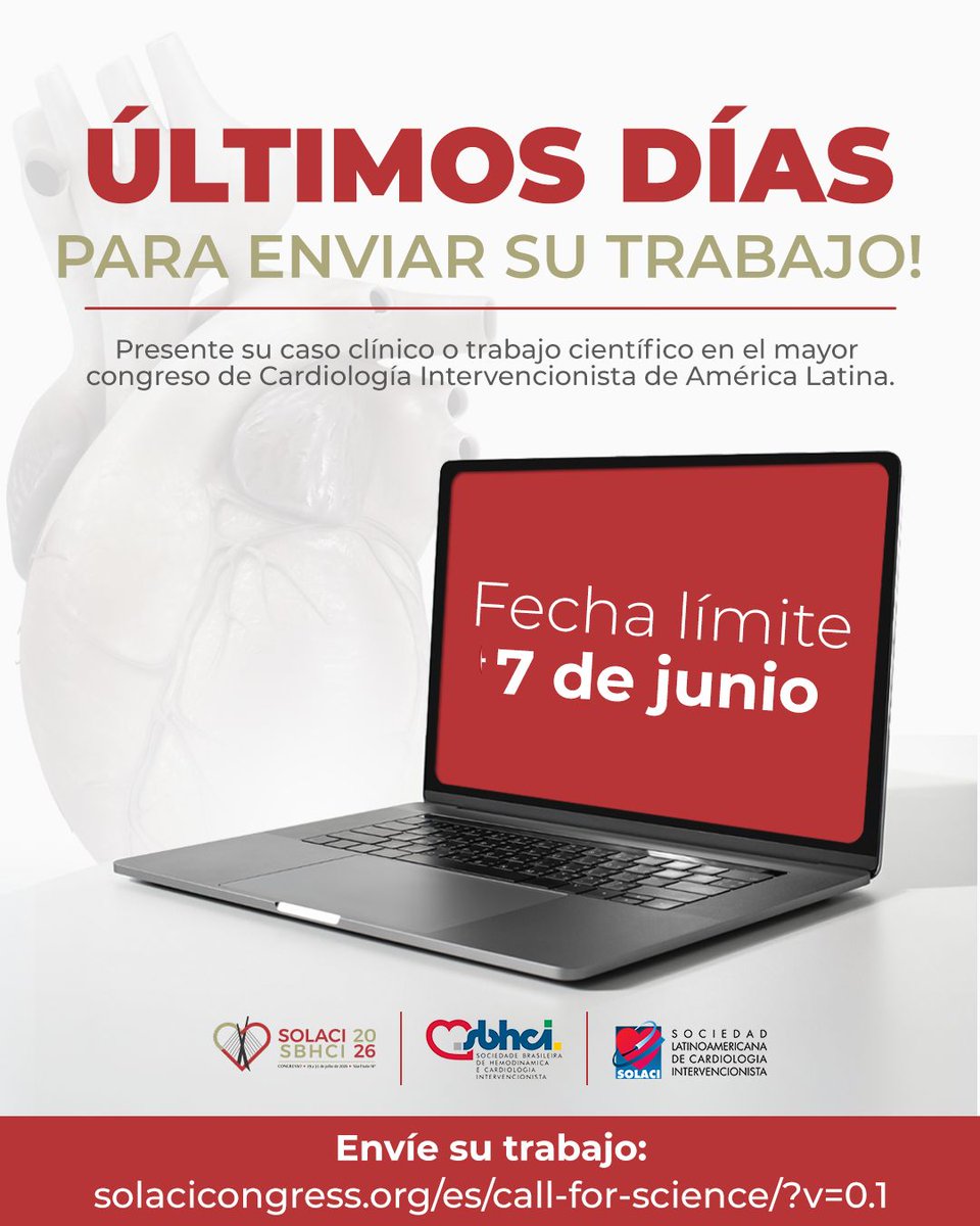 solaci_online's tweet photo. ⏳ ¡Últimos días para participar del #CallForScience del Congreso #SOLACIySBHCI2026!
Presente su caso clínico o trabajo científico en el mayor encuentro de Cardiología Intervencionista de América Latina
📅 Fecha límite: 7/06
🔗 Envíe su trabajo:
https://t.co/8dB7Bepd9w https://t.co/duiBr0dHjT