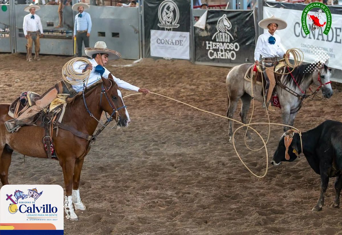 MpioCalvillo's tweet photo. Los jóvenes charros calvillenses Jesús Saucedo Valdez y Samuel Isaac Ramírez Macías, integrantes de la Selección de Aguascalientes, tuvieron una destacada participación en la Olimpiada Nacional CONADE 2026, celebrada en el Lienzo Charro Hermoso Cariño de San Luis Potosí. https://t.co/OGB2PCJr1F