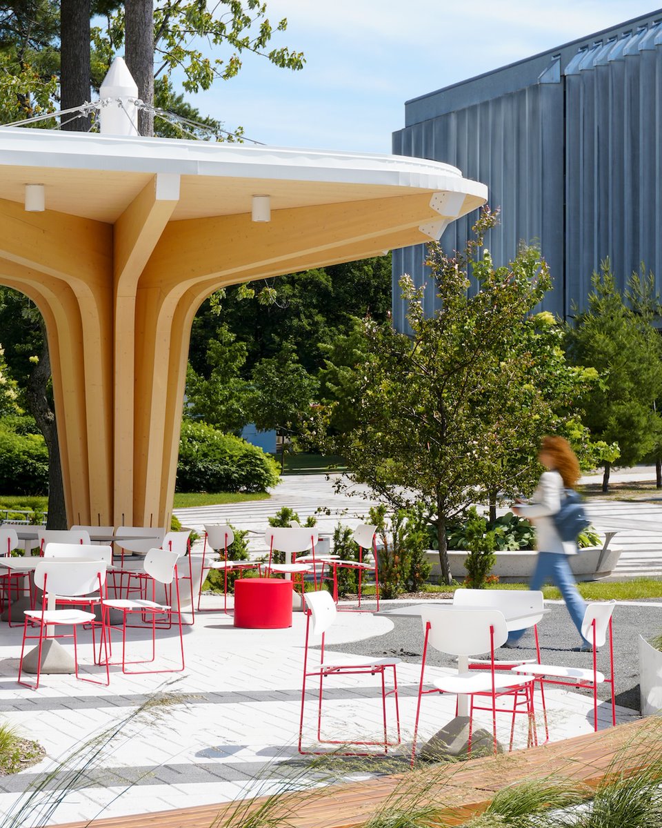 Architizer's tweet photo. A mass-timber canopy transforms a previously exposed campus space into a sheltered outdoor room for studying, gathering and everyday life.

📍 Québec, Canada
Project by: Groupe A
Photos by: Simon Villeneuve
Details: https://t.co/ohje3WPFeH https://t.co/aXFj1e0WGE