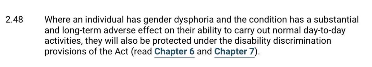 Flo_Albright's tweet photo. @mindsci According to Services Code of Practice, if Gender Dysphoria interferes with someone’s daily life, it may be considered a disability. Was in old Code and is also in new Code. https://t.co/nr6Df4aVhy