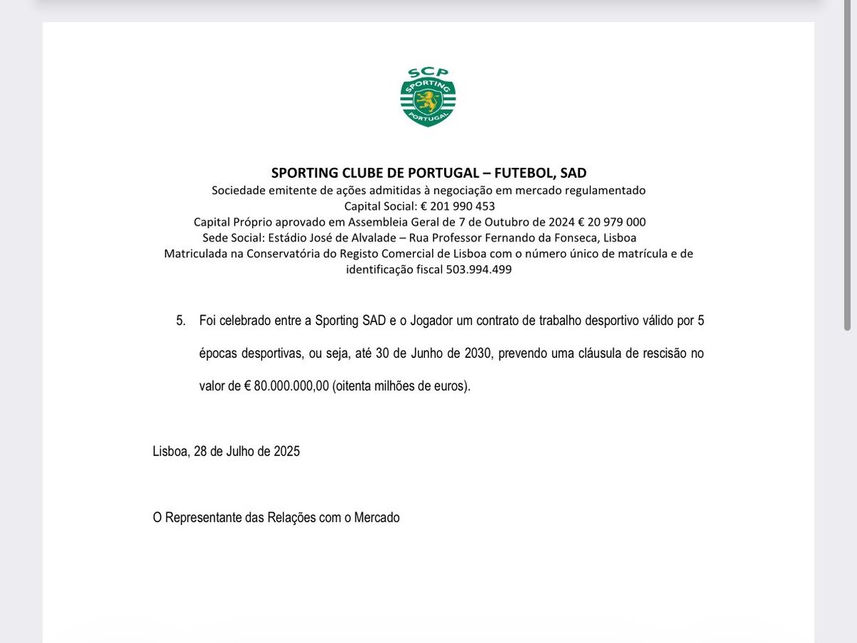 Uur19o7's tweet photo. Resmi kap açıklaması

SPORTING CLUBE DE PORTUGAL – FUTEBOL, SAD

Sporting SAD ile   Luis Javier Suárez Charris arasında, 30 Haziran 2030’a kadar geçerli olmak üzere 5 sezonluk profesyonel futbol sözleşmesi imzalanmıştır. Sözleşmede 80.000.000 avro tutarında bir serbest kalma maddesi bulunmaktadır.

Lizbon, 28 Temmuz 2025