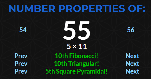 EsotericGu31111's tweet photo. (6) + (3) + (20) + (26)=55    55 is 10 triangular and 10 fibonacci   🫡 https://t.co/DilkIVuW5S