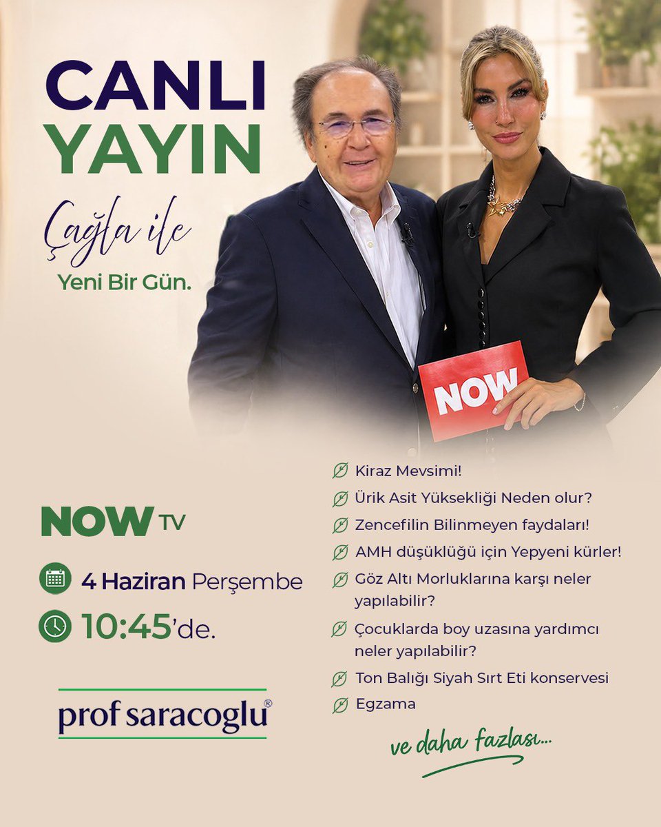 Profsaracoglu34's tweet photo. Değerli hocamız Prof. Dr. İbrahim Adnan Saraçoğlu, 4 Haziran Perşembe “Çağla ile Yeni Bir Gün” programında canlı yayında sizlerle buluşuyor.

Birçok önemli konunun ele alınacağı bu yayını kaçırmayın.

📍 NOW TV
📅 4 Haziran Perşembe
⏰ 10:45’te
#ProfSaraçoğlu https://t.co/mjGxbVVxhN
