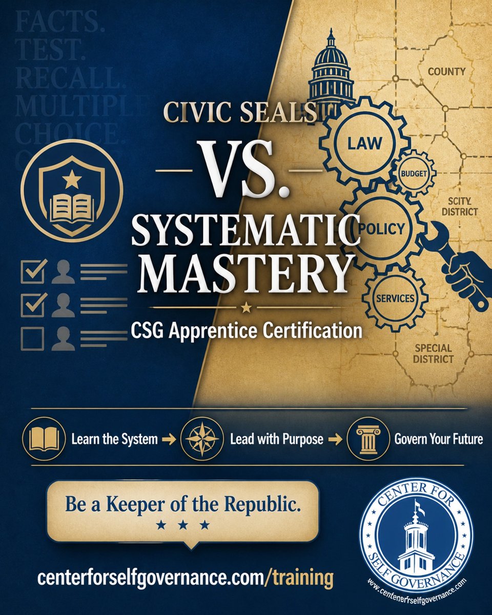 tnselfgov's tweet photo. Civic Seals reward facts. CSG builds mastery. Join the maintenance crew as a Keeper of the Republic. Learn to read jurisdiction and operate the machinery of government.

https://t.co/cswiuJTGK3

#selfgovernance #systematicpolitics #csg #civics https://t.co/Yr1LPDl0zY