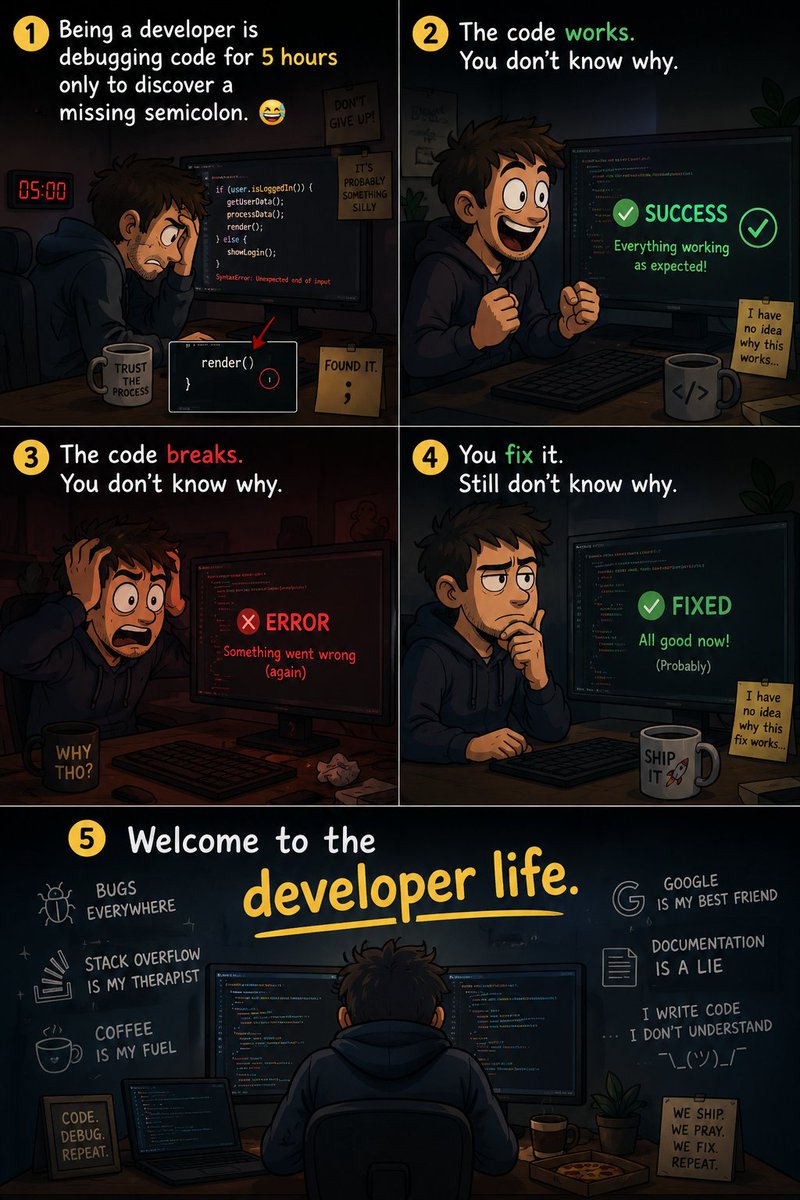 Najib4241's tweet photo. What Make Dev. Frustration
1• Being a developer is debugging code for 5 hours only to discover a missing semicolon.
2• The code works.
You don't know why.
3• The code breaks.
You don't know why.
4• You fix it.
Still don't know why.
@contractdotdev.
#DevCrypto. https://t.co/zViwur7WhE