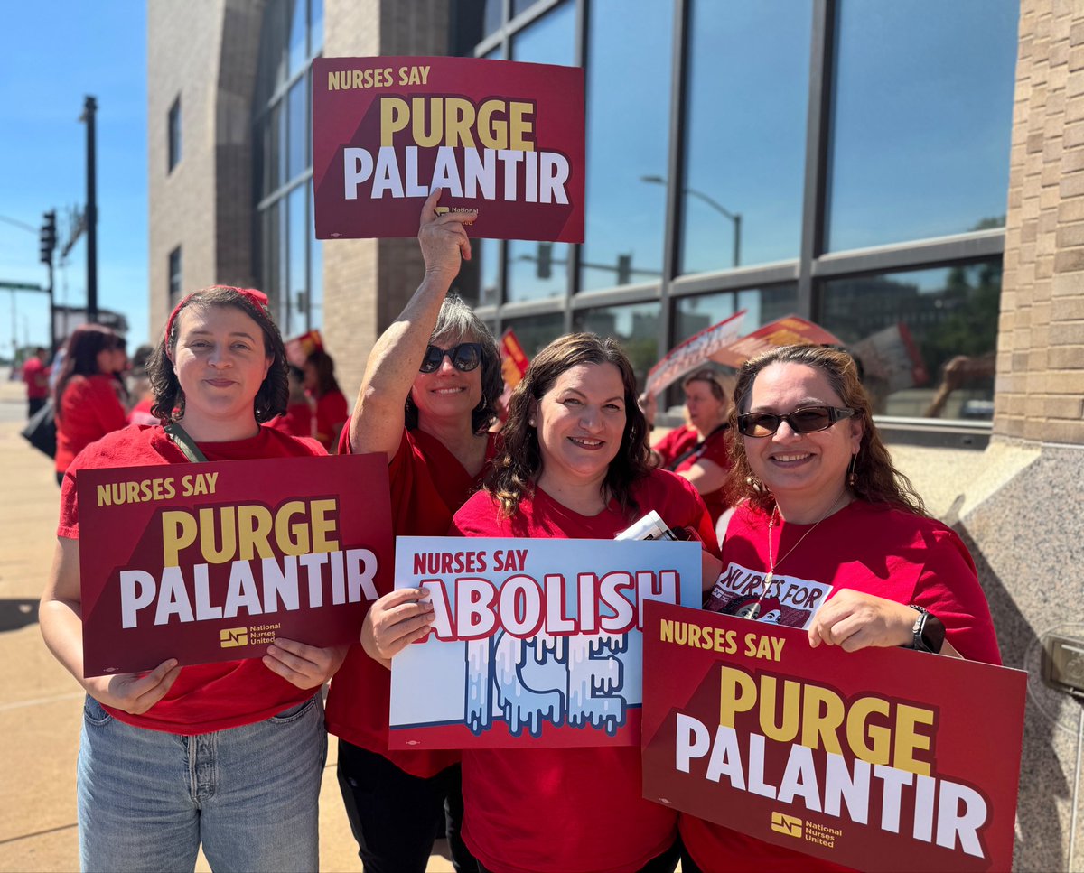 NationalNurses's tweet photo. St. Louis, let's go!

We're outside @WesleyBell4MO's office today with a simple message: Return your donations from AIPAC and Palantir.

Surveillance tech has no place in our hospitals or on our streets. Whose side are you on? https://t.co/49oIsmRIXL
