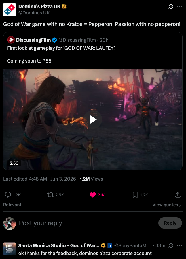 GameSpot's tweet photo. God Of War: Laufey Dev Responds To Pizza Company’s Dumb Tweet About New Game https://t.co/9wPRTiOOuD https://t.co/z44hhM5uLl