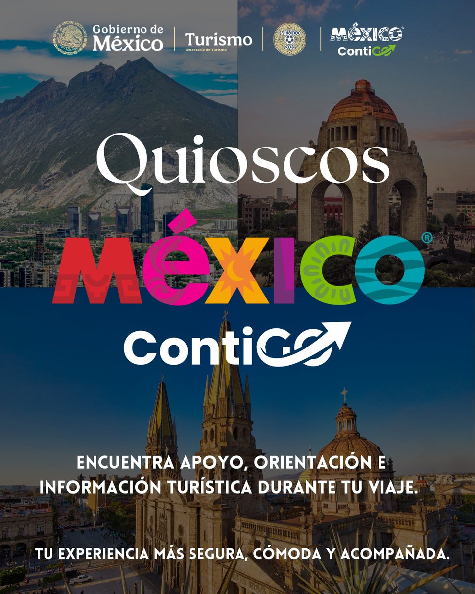 SECTUR_mx's tweet photo. Tu punto de encuentro para descubrir México.🇲🇽✨️

Visita los Quioscos México ContiGO y recibe orientación turística, recomendaciones, información de servicios y apoyo para aprovechar al máximo tu estancia. 🌎

En este Mundial Social siempre hay alguien contiGO. ⚽🫱🏻‍🫲🏼

📍 Ubícalos en:
🏛️ Plaza de los Dos Templos, Guadalajara
🌳 Parque Fundidora, Monterrey
🚇 Glorieta de los Insurgentes, Ciudad de México.