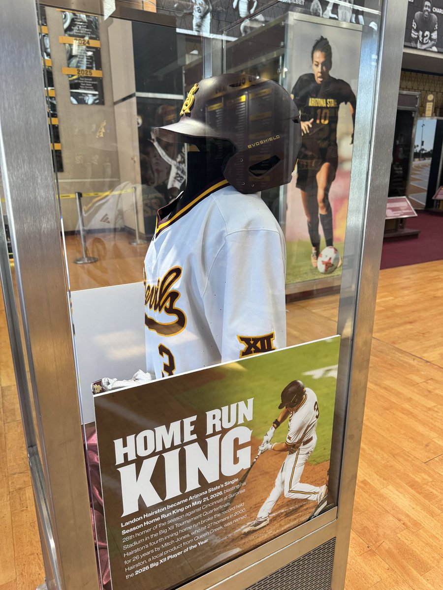 RandyPolicar's tweet photo. The newest addition to the Sun Devil Hall of Fame, celebrating @hairston_landon and his incredible, record-setting 2026 season. The jersey, batting gloves and helmet were all worn when he hit his historic 28th home run, and the ball from the record setter is displayed as well. https://t.co/WJoB0PEx5T