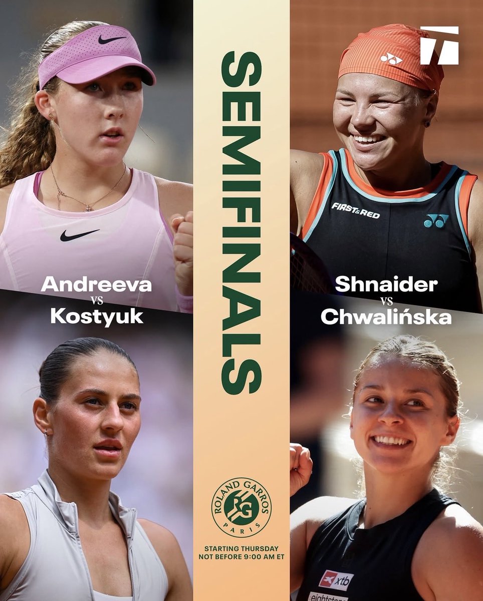 GroundPasspod's tweet photo. This was not a semifinal line up anyone called. Not even in my wildest chaos dreams was this in the plans. Excited for the player who can hang on to their nerves and hold the trophy this weekend. It will define the career of whoever it is. 
#RolandGarros 
📷: @TennisChannel https://t.co/HmbuDyaefF