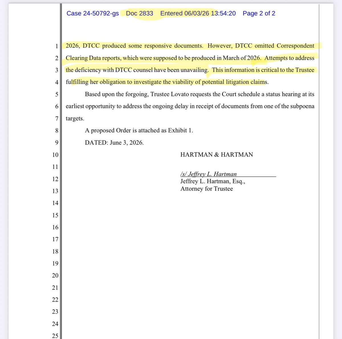 kimkep4796's tweet photo. 🦋 MMAT | Meta Materials Inc.

Case No. 24-50792-gs (Chapter 7)

📅 Filed: June 3, 2026

📄 Docket No. 2833 – Ex Parte Application to Set Status Hearing  

⚖️ Layman’s Summary

Trustee Christina Lovato is asking Judge Spraker to schedule a status hearing because DTCC has allegedly not provided all of the subpoenaed records the Trustee believes were due months ago.  

🔥 Key Quote

“DTCC omitted Correspondent Clearing Data reports, which were supposed to be produced in March of 2026.”  

🚨 Why It Matters

The Trustee tells the Court:

“This information is critical to the Trustee fulfilling her obligation to investigate the viability of potential litigation claims.”  

In plain English:

👉 The Trustee believes important DTCC data is still missing.

👉 Efforts to resolve the issue privately have failed.

👉 The missing information is important to determining whether litigation claims exist.

👉 The Trustee wants the Court involved to move the process forward.

📌 Bottom Line

This filing suggests the MMAT investigation is still active, the Trustee is still seeking additional DTCC records, and she believes those records are important to evaluating potential legal claims.  

⚠️ Not Legal Advice.