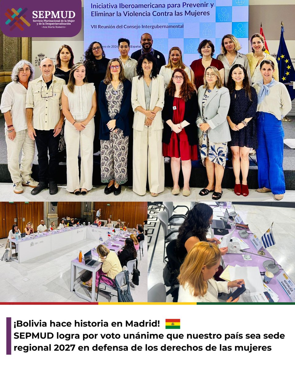 Sepmudbo's tweet photo. 🇧🇴 Bolivia continúa fortaleciendo su liderazgo regional en la lucha contra la violencia hacia las mujeres. Durante el VII Consejo Intergubernamental de la IIPEVCM, realizado en Madrid, nuestro país fue elegido por voto unánime como sede del próximo encuentro en 2027. 
#SEPMUD https://t.co/avGorj088s