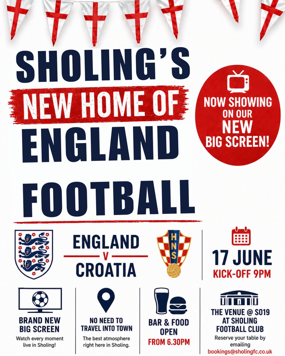 sholingfc's tweet photo. With less than 2 weeks to go until England's first group game, who else is getting World Cup fever? 🏆

Join us at The Venue @ SO19 to watch every England group stage match on our brand new BIG SCREEN!

⚽ England v Croatia | 17th June | 9pm KO
📺 Additional screens throughout the venue
🍔 Bar & food open from 6.30pm
🚘 Free car park

Don't miss out - reserve your table now by emailing us on bookings@sholingfc.co.uk.