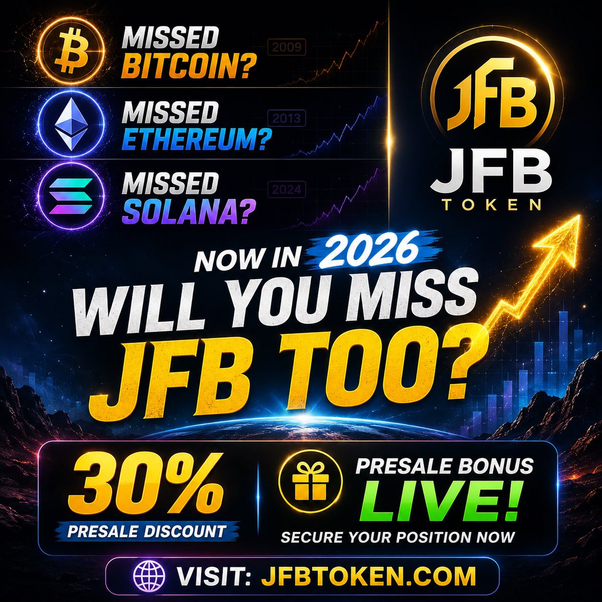 jfb_official's tweet photo. Missed Bitcoin in 2009?

Missed Ethereum in 2013?

Missed the major opportunities in 2015, 2020, and 2021?

Missed Pepe in 2023?

Missed Solana in 2024?

Now in 2026 — will you miss JFB too?

Take a moment and think about it.

Secure your position with 30% discount during the ongoing JFB presale.

Visit: https://t.co/XLgPPfOp8h for full details and updates.

#jfb #sol #solana #presale #bonus