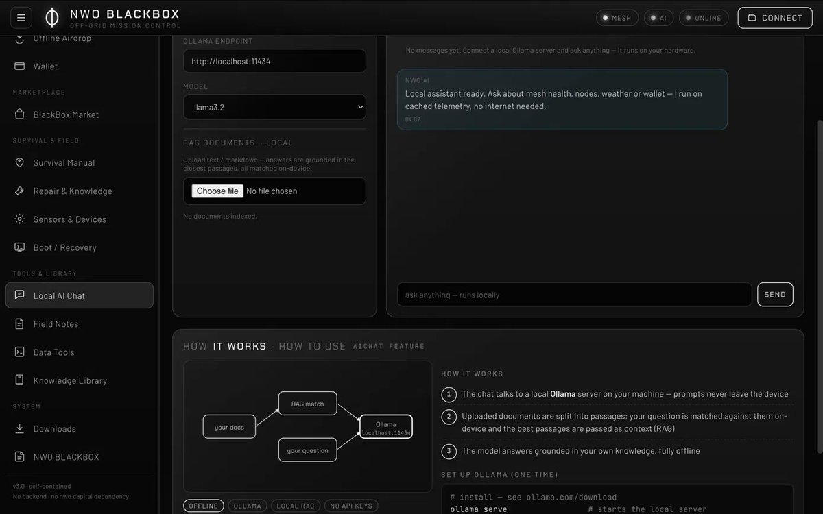 NWORobotics's tweet photo. A conversational assistant running entirely on your hardware via #Ollama — no API keys, no cloud, nothing leaves the device. Upload docs for on-device semantic search (local #RAG). Open Q&amp;A over your own knowledge, fully offline. 🧠
https://t.co/IAEBWNANkg https://t.co/pPlYV5dt0J