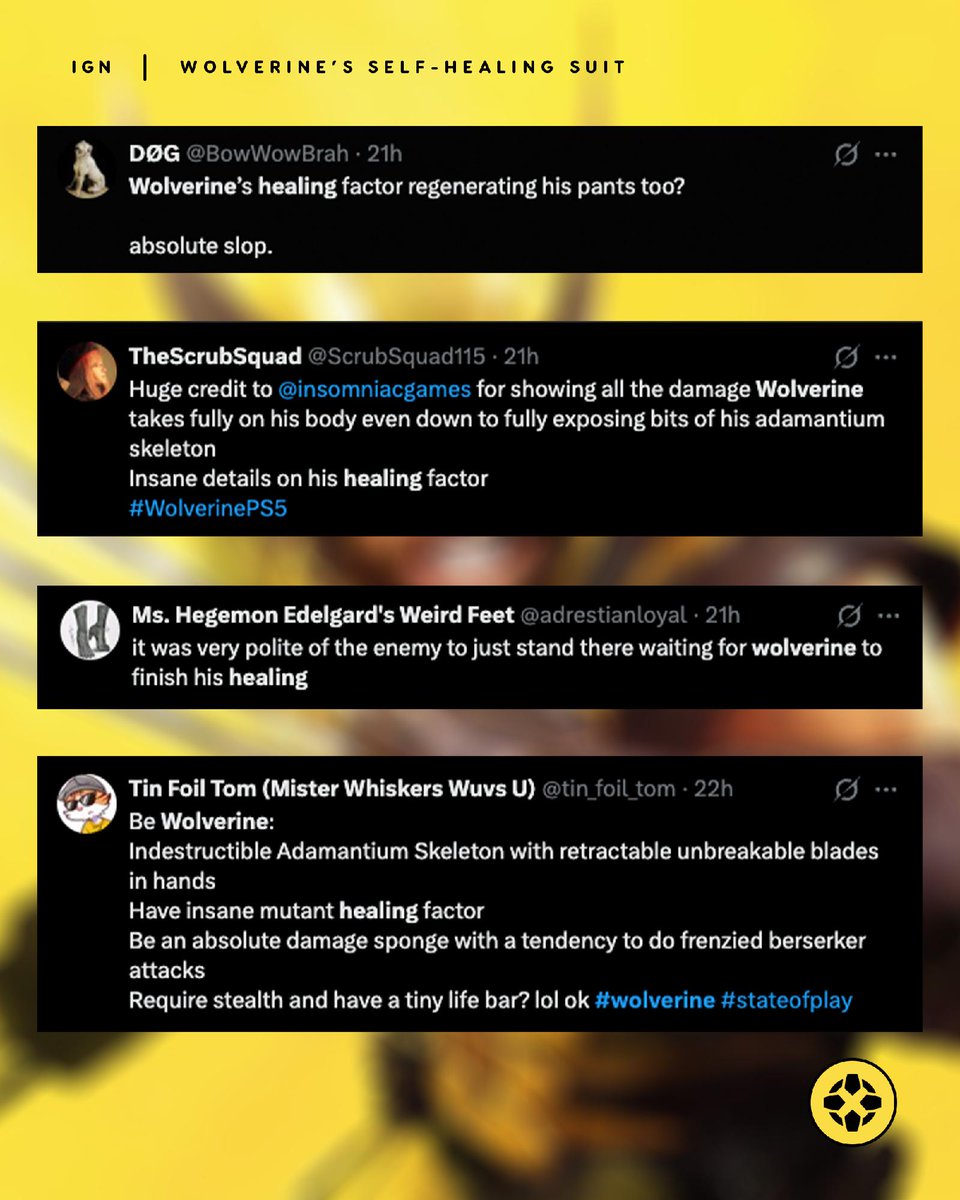 IGN's tweet photo. The internet has... thoughts on Logan being able to heal not only his body but also his suit in Marvel’s Wolverine.

Learn more about how his healing factor works in the upcoming Insomniac game: https://t.co/hBLXzC8vFm

#IGNSummerOfGaming https://t.co/i4gJ1eoUUc
