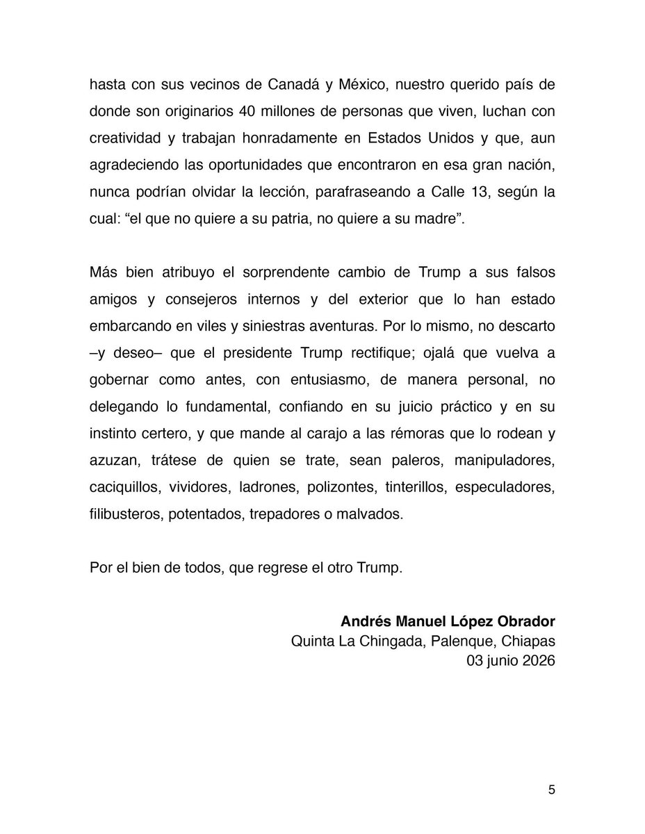REscobarOficial's tweet photo. 1/ 
Leí completa la carta de López Obrador. La vendió como “apoyo sin condiciones” a Sheinbaum. Léala con cuidado: no es un acto de lealtad, es la construcción de un escudo. Y el escudo es, sobre todo, para él. 🧵

2/
Su pieza clave es el caso Cienfuegos: dice que EE.UU. “fabricó” aquel expediente. De ahí salta a una conclusión muy cómoda: toda acusación de Washington es invento. Lo escribe, justo, cuando una jueza de Nueva York habla de “pruebas abundantes” y “olas de acusados” en el caso de Sinaloa. Él dice fabricación; el tribunal dice evidencia.

3/
Y observe la paradoja: el presidente que hizo de la soberanía su bandera ahora ruega “que regrese el otro Trump”. El soberanista pidiéndole a un mandatario extranjero que lo rescate de sus propios asesores. La defensa de México reducida a una súplica de buena voluntad ajena.

4/
Lo firma desde Palenque, retirado de todo. Pero reaparece —ni antes ni después— justo cuando el cerco se acerca a su círculo. El “apoyo incondicional” carga una condición tácita: que nadie pregunte de quién es, en realidad, el blindaje. ¿A quién defiende esta carta?
