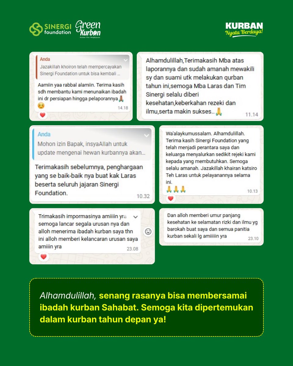 sinergiid's tweet photo. Senang rasanya membaca banyak pesan positif dari Sahabat yang berkurban di Sinergi Foundation! Terima kasih telah memilih kami menjadi bagian dari ibadah kurbanmu.

Insya Allah kita bertemu kembali dalam Green Kurban tahun depan ya, Sahabat!

Langsung hubungi 081-321-200-100 https://t.co/cILplkDIJb