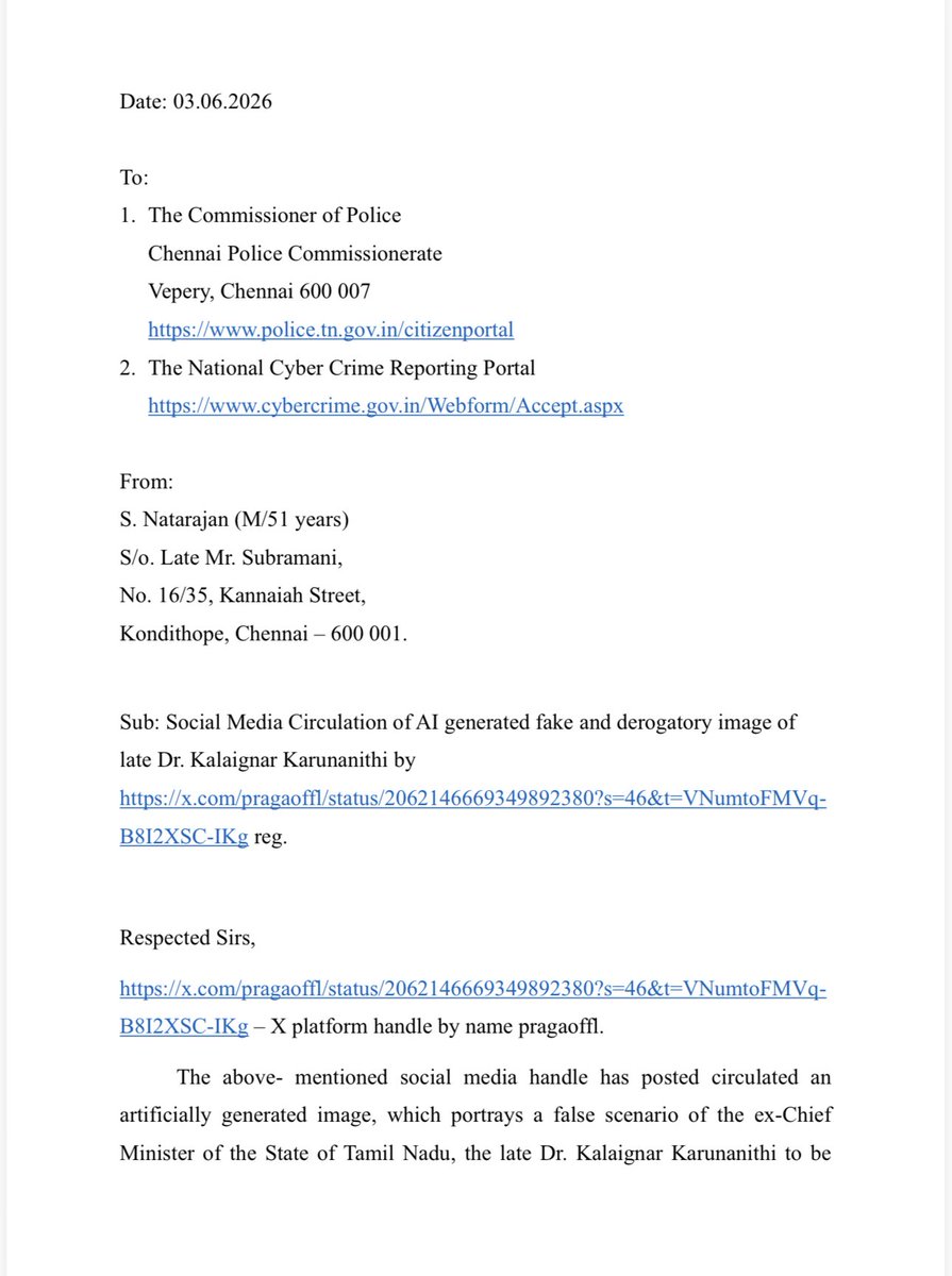 saravofcl's tweet photo. Criminal Complaint given against the id @pragaoffl which morphed the image of our great leader Kalaignar. 
Any abuse of our leaders will not be tolerated. Strong legal consequences will follow. https://t.co/9OjLG9UZ7I