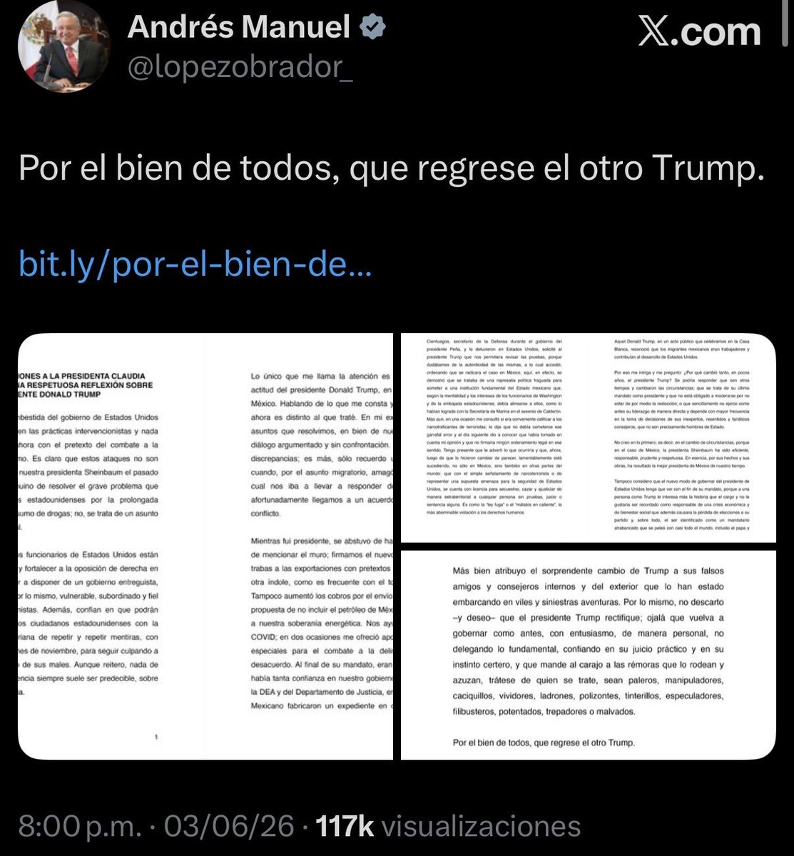 luis_gj's tweet photo. Qué tan jodida estará viendo la situación en el país, que el capo mayor (el narcoexpresidente @lopezobrador_ ) ya tuvo que salir de su cueva para publicar una carta pedorra de apoyo al narcogobierno de Sheinbaum… https://t.co/Cv6uCp3GNL