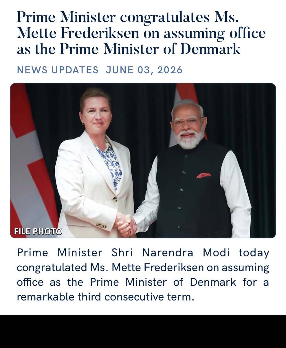 mayajoshi's tweet photo. Prime Minister congratulates Ms. Mette Frederiksen on assuming office as the Prime Minister of Denmark
https://t.co/UuuL027l3c

via NaMo App

@MEAIndia @IndianDiplomacy @mygovindia @PMOIndia @PIB_India @airnewsalerts @DDNewslive https://t.co/LCd3J9VWEO
