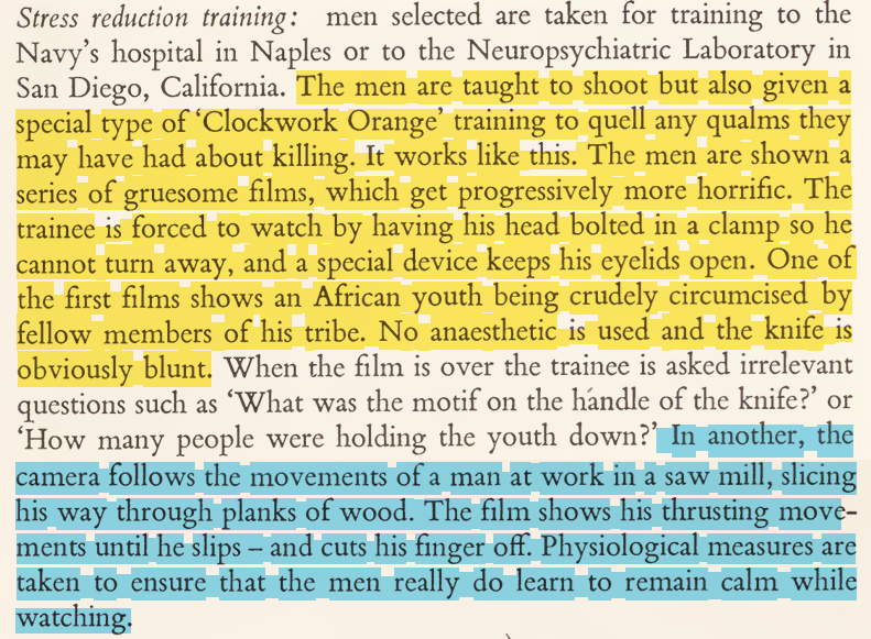 toxictiramisu's tweet photo. A US Navy assassin program trained men by bolting their heads in place and forcing their eyelids open to watch snuff films, like a man slicing off his fingers. They were also shown racist propaganda films to dehumanize the enemy. This training was used during the Yøm Kippυr War. https://t.co/rZxipPs4x6