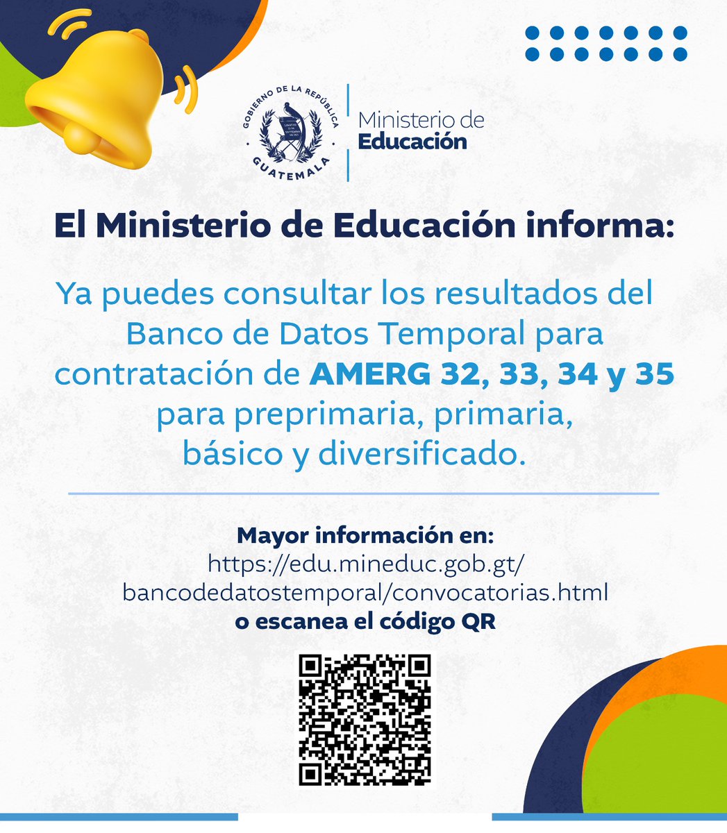 MineducGT's tweet photo. 📢📚 ¡Resultados disponibles!

El Ministerio de Educación informa que ya pueden consultarse los resultados del Banco de Datos Temporal según invitación 32, 33, 34 y 35 para preprimaria, primaria, básico y diversificado en Alta y Baja Verapaz, Chimaltenango, Escuintla, Huehuetenango, Petén, Quiché y Sololá.

🔎 Consulta aquí:
https://t.co/AnCXoHW83J

✨ Ingresa y verifica la información correspondiente.