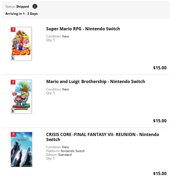 gnarcader's tweet photo. yo @gamestop where's my other 2 games? Mario RPG showed up almost 2 weeks ago and it's said one to 3 days on my order for over a week now

@GameStopHelp https://t.co/sQvCwABrnr