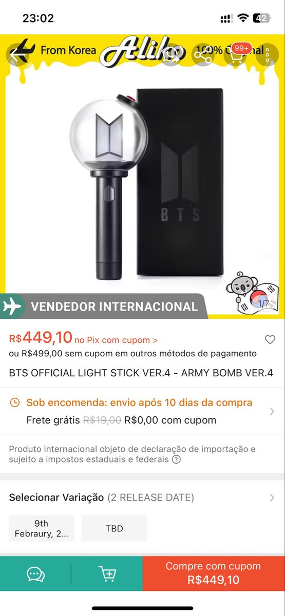 JoonMyUniverse_'s tweet photo. A Aliko disponibilizou agora as 23h um estoque de Army bomb ver 4 e as 23:03 já tinha acabado.

🫠🫠🫠😭 https://t.co/PcSui7qqAH
