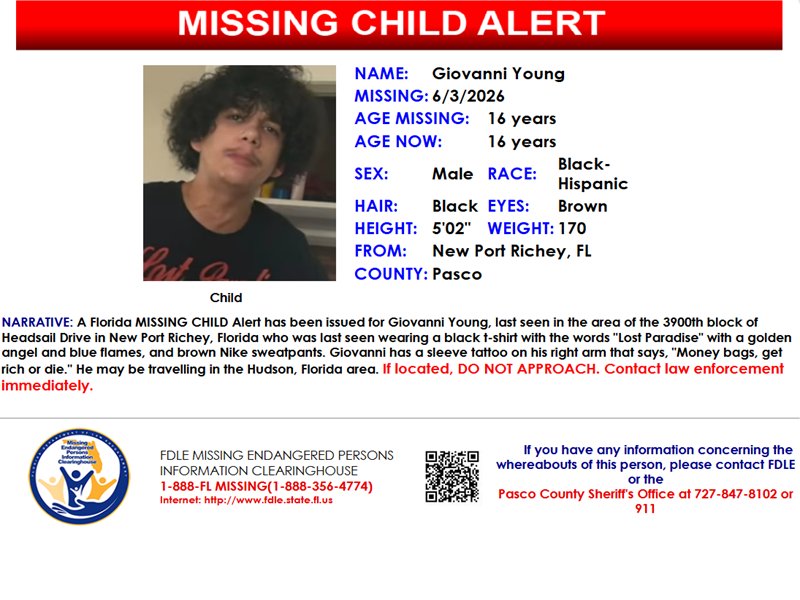 fdlepio's tweet photo. 🚨 PLEASE SHARE! 🚨 

A Florida MISSING CHILD Alert has been issued for Giovanni Young, a black-hispanic male, 16 years old, 5 feet 2 inches tall, 170 pounds, black hair and brown eyes, last seen in the area of the 3900th block of Headsail Drive in New Port Richey, Florida. He may be travelling in the Hudson, Florida area. If located, DO NOT APPROACH. Contact law enforcement immediately. If you have any information on the whereabouts of this child please contact the Pasco Sheriff's Office at 727-847-8102 or 911.