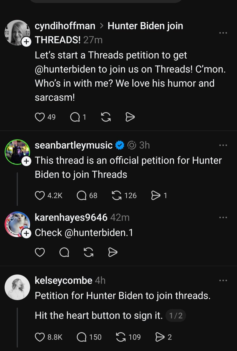 megpat's tweet photo. @HunterBiden Hunter - your presence on Threads is very much wanted! https://t.co/RDRpDY0jZm