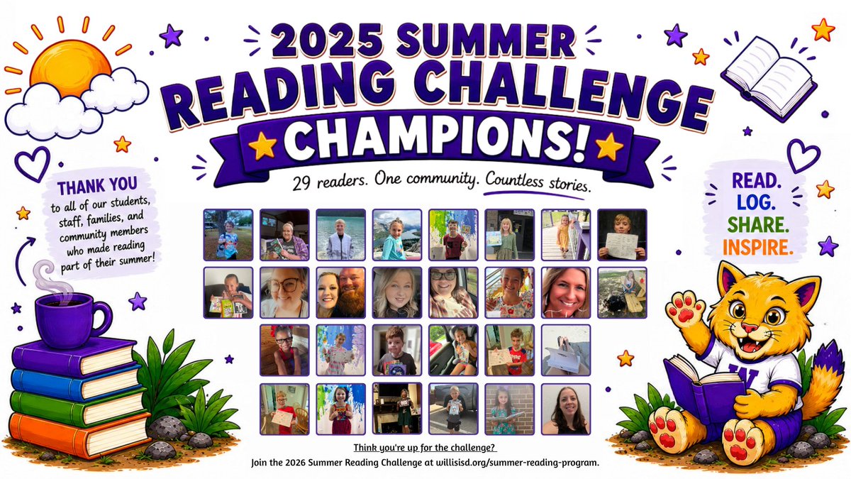 WillisSchools's tweet photo. Let's READ, Willis! 📚🦖

Our Summer Reading Challenge is officially underway!

Last year, 29 readers completed the challenge. Let's grow that number in 2026!

📖 Read
📝 Log your milestones
📸 Optional: Share a reading photo

Learn more: https://t.co/4Bh2LvTNQG https://t.co/Lw2D27PNaq