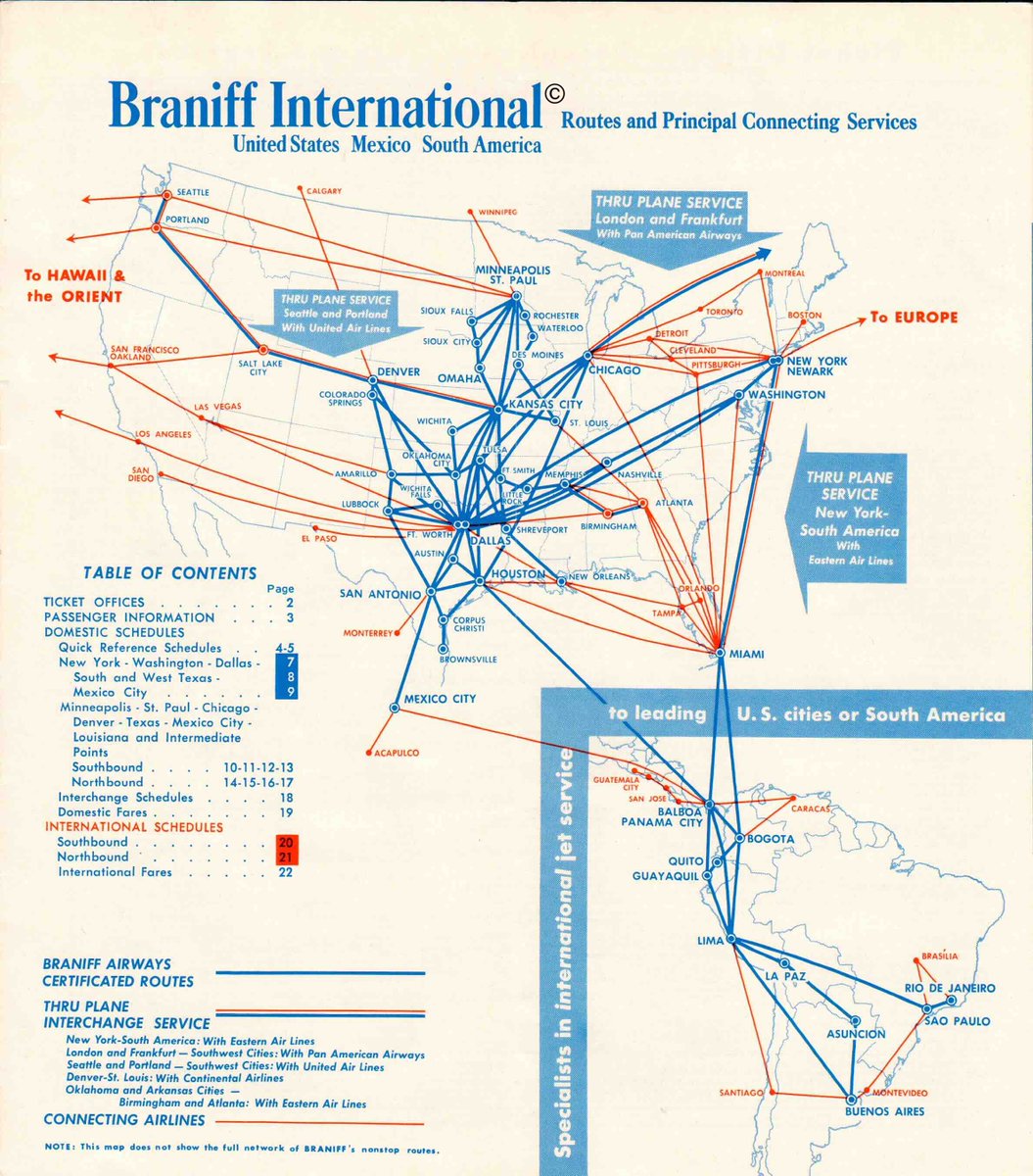 BraniffIntl's tweet photo. BRANIFF HIGH ALTITUDE - Photo 2: Braniff's expanded service to Latin America was included in the June 1, 1965 Domestic and International Timetable. On April 5, 1965, the executive management of Braniff Airways, Inc., changed and a new marketing plan was put into place that would revolutionize the way the carrier presented itself to the public. The new campaign, dubbed the End of the Plain Plane, was in the process of being implemented by the time the new service to Latin America had begun on June 1, 1965, and included a new "Transition Look" for its timetable while the New Look was being perfected. Braniff’s Domestic and International Route Map, which depicts the expanded LAD service also received the new Transition Look.

Braniff Airways Foundation
Copyright 1926 2026

Photo 1: Photographer Jay Sherlock, Copyright
Photo 2: Braniff Airways, Incorporated, Copyright
Braniff International Heritage Archives
Now Associated with The University of Texas at Dallas System
Braniff Airways Space Sciences Endowment

https://t.co/fkQs4q0OFL
https://t.co/dxaRBgJvxE
https://t.co/rurojxHifZ
https://t.co/fDvnT9QrE0