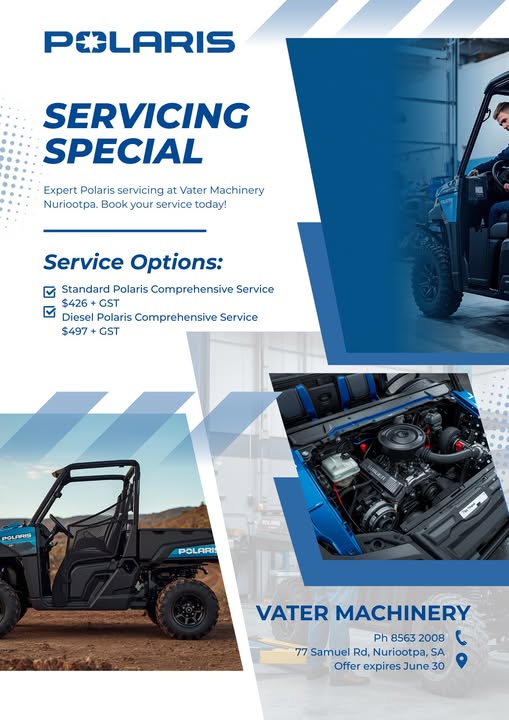 VaterMachinery's tweet photo. 🛠️ Keep your Polaris in peak shape with Expert Polaris servicing at Vater Machinery Nuriootpa. 

Standard  – $426 + GST
Diesel  – $497 + GST

🔵 #VaterMachinery

Book Today:
Nuriootpa 08 8563 2008
77 Samuel Rd, Nuriootpa SA

Follow us here: https://t.co/E9sbt4aTTN
Until June 30 https://t.co/2mT3EFqZJB