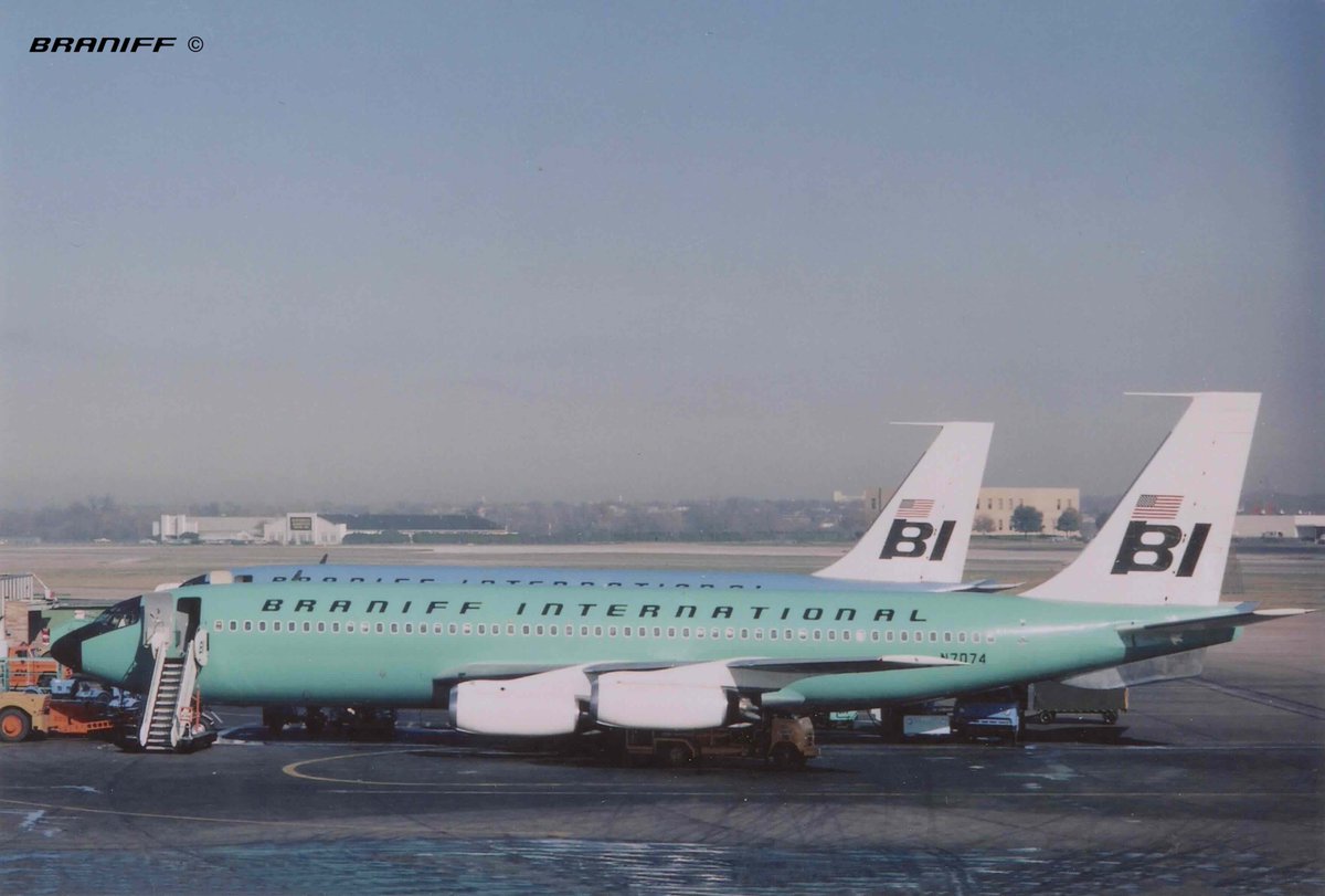 BraniffIntl's tweet photo. HIGH ALTITUDE BRANIFF - Braniff International increased its already large presence in Latin America with additional service between the US Mainland and Latin America on June 1, 1965. Braniff added three roundtrips between the Americas to its schedule, bringing total roundtrips to twelve each week.

The new flights included daily jet service to Bogota, Colombia, and included three nonstops and four one-stop flights. Additional jet service was provided to Panama City/Balboa, Panama; Lima, Peru; and Guayaquil, Ecuador. Braniff began operating nine jet flights to Panama, seven to Bogota, six to Lima, and four to Guayaquil. Additional jet flights also included two each to Buenos Aires, Argentina; Rio de Janeiro and Sao Paulo, Brazil; and Asuncion, Paraguay.

Eleven of the 12 new flights operated via the Braniff and Eastern Airlines Interchange Service, which had originated at New York through Miami, since May 1955. A weekly flight from Chicago to South America via Houston, Texas, was included in the 12 weekly roundtrips. Also on June 1, Braniff began two weekly jet flights between Bogota and Lima, with an intermediate stop at Guayaquil, on the southbound leg of the roundtrip. Braniff also inaugurated a third Douglas DC-7C shuttle flight between Lima and La Paz, Bolivia, making the Dallas-based airline the preferred U. S. carrier between the Americas.

Braniff International's complete service to Latin America was as follows:

NEW IMPROVED SERVICE!! Southbound - Douglas DC-7C El Dorado

Lima Limatambo - La Paz El Alto

Flight 601 Depart LIM 945AM Arrive LPB 125PM WeFrSa Lunch Terminates at LPB

NEW IMPROVED SERVICE!! Southbound - Boeing 707-227 Intercontinental Jet

Kansas City Municipal - Houston International - Panama City/Balboa Tocumen

Flight 45 Depart MKC 550PM Arrive HOU 708PM Tu Dinner
Flight 45 Depart HOU 815PM Arrive PTY 1253AM Tu Dinner Arrive We Terminates at PTY

New York Kennedy - Miami - Panama City Tocumen - Bogota

Flight 977 Depart JFK 300PM Arrive MIA 431PM MoTuWeThFrSaSu Snack Eastern Crew
Flight 977 Depart MIA 600PM Arrive PTY 830PM MoTuThSa Dinner Braniff Crew
Flight 977 Depart PTY 915PM Arrive BOG 1027PM MoTuThSa Snack Terminates at BOG

New York Kennedy - Miami - Bogota

Flight 977 Depart JFK 300PM Arrive MIA 431PM MoTuWeThFrSaSu Snack Eastern Crew
Flight 977 Depart MIA 600PM Arrive BOG 900PM WeFrSu Dinner Braniff Crew Terminates at BOG

New York Kennedy - Miami - Panama Tocumen - Lima Limatambo - Sao Paulo Viracopos - Sao Paulo Congonhas - Rio de Janeiro Galeao

Flight 975 Depart JFK 1000PM Arrive MIA 1132PM MoTh Eastern Crew
Flight 975 Depart MIA 100AM Arrive PTY 330AM TuFr Braniff Crew
Flight 975 Depart PTY 415AM Arrive LIM 715AM TuFr Breakfast  
Flight 975 Depart LIM 800AM Arrive VCP 215PM Tu Breakfast to boarding passengers only/Snack/Lunch
Flight 975 Depart LIM 815AM Arrive VCP 230PM Fr Breakfast to boarding passengers only/Snack/Lunch
Flight 975 Depart VCP 300PM Arrive CGH 315PM Tu Service provided by Sadia Airlines/Handley Page aircraft
Flight 975 Depart VCP 315PM Arrive CGH 330PM Fr Service provided by Sadia Airlines/Handley Page aircraft
Flight 975 Depart VCP 300PM Arrive GIG 357PM Tu Snack Terminates at GIG
Flight 975 Depart VCP 315PM Arrive GIG 412PM Fr Snack Terminates at GIG

Braniff was required to use the new Viracopos International Airport at Sao Paulo, which required connecting passengers to and from Sao Paulo's close-in Congonhas Airport, to be shuttled between the two airports. In what was possibly the world's first Codeshare Agreement, Braniff contracted with Sadia Airlines, a Brazilian local service carrier, to provide the connecting flights with twin-turboprop Handley-Page Dart Herald aircraft.

Braniff termed this flight a change-of-gauge flight, which allowed passengers to travel on the same ticket on both airlines, which was the premise for the later named codeshare agreements. In 1967, Hensen Airlines and Allegheny Airlines created a large-scale change-of-gauge agreement, but it was not until 1989, when an American Airlines and Qantas agreement was termed a codeshare or codesharing agreement.

Sadia Airlines was founded and owned by Dr. Omar Fontana, who had started the airline in 1955, with one Douglas DC-3. His new airline transported meat, from his father's meat-packing factory, to Sao Paulo, and surrounding areas. Sadia was met with great success, and in 1963, Dr. Fontana traded the DC-3 in for two Dart-powered Handley-Page Heralds that seated 50 passengers. Mr. Fontana later changed the name of his airline to Transbrasil, in 1972. Transbrasil purchased several Braniff 727-100 Trijets during the 1970s.

New York Kennedy - Miami - Panama Tocumen - Guayaquil Simon Bolivar - Lima Limatambo - Asuncion Stroessner - Buenos Aires Pistarini

Flight 979 Depart JFK 1030PM Arrive MIA 1202AM TuSa Eastern Crew
Flight 979 Depart MIA 130AM Arrive PTY 400AM WeSu Braniff Crew
Flight 979 Depart PTY 445AM Arrive GYE 630AM WeSu Snack
Flight 979 Depart GYE 710AM Arrive LIM 850AM WeSu Breakfast
Flight 979 Depart LIM 935AM Arrive ASU 157PM WeSu Lunch
Flight 979 Depart ASU 245PM Arrive EZE 425PM WeSu Snack Terminates at EZE

Northbound flights were numbered one number less. All flights originated in Latin America and proceeded to the US Mainland and then changed to the next flight number for the return southbound segments. For example, northbound Flight 978 originated at Buenos Aires, where it departed at 645PM on Wednesdays and Sundays and arrived at New York Kennedy the next day at 1124AM. The flight remained on the ground at Kennedy until 1030PM for the return Flight 979, as depicted above.

Braniff International Airways offered both First Class and Tourist Class fares between the US Mainland and Latin America. One-way and roundtrip fares were as follows:

La Paz - Lima

First Class - One Way $70.00 USD; Roundtrip $133.00 USD
Tourist Class - One Way $46.00 USD; Roundtrip $88.00 USD

Kansas City - Panama City/Balboa

First Class - One Way $370.50 USD; Roundtrip $713.90 USD
Tourist Class - One Way $287.00 USD; Roundtrip $553.00 USD

New York - Bogota

First Class - One Way $241.00 USD; Roundtrip $458.00 USD
Tourist Class - One Way $185.00 USD; Roundtrip $352.00 USD

New York - Rio de Janeiro

First Class - One Way $429.00 USD; Roundtrip $815.00 USD
Tourist Class - One Way $330.00 USD; Roundtrip $627.00 USD

New York - Buenos Aires

First Class - One Way $442.00 USD; Roundtrip $840.00 USD
Tourist Class - One Way $340.00 USD; Roundtrip $640.00 USD

Photo 1: Braniff International Boeing 707-227 Intercontinental Jet "Adolph" registered as N7074 is parked at the gate with a sister Boeing jetliner at Dallas Love Field in March 1966. Ship N7074 is painted in the 1965 Alexander Girard Turquoise Solid Color Scheme with Girard Sky Font and BI Tail Logo in Black. Braniff owned only four Series -227s, along with N7072, N7073, and N7075, and was the only carrier to order the high-powered lower-density jetliner. The first Series -227 that was ordered, Ship N7071, was lost during a customer introduction and training flight.

Photo 2: Braniff's expanded service to Latin America was included in the June 1, 1965 Domestic and International Timetable. On April 5, 1965, the executive management of Braniff Airways, Inc., changed and a new marketing plan was put into place that would revolutionize the way the carrier presented itself to the public. The new campaign, dubbed the End of the Plain Plane, was in the process of being implemented by the time the new service to Latin America had begun on June 1, 1965, and included a new "Transition Look" for its timetable while the New Look was being perfected. Braniff’s Domestic and International Route Map, which depicts the expanded LAD service also received the new Transition Look.

Braniff Airways Foundation
Copyright 1926 2026

Photo 1: Photographer Jay Sherlock, Copyright
Photo 2: Braniff Airways, Incorporated, Copyright
Braniff International Heritage Archives
Now Associated with The University of Texas at Dallas System
Braniff Airways Space Sciences Endowment

https://t.co/fkQs4q0OFL
https://t.co/dxaRBgJvxE
https://t.co/rurojxHifZ
https://t.co/fDvnT9QrE0