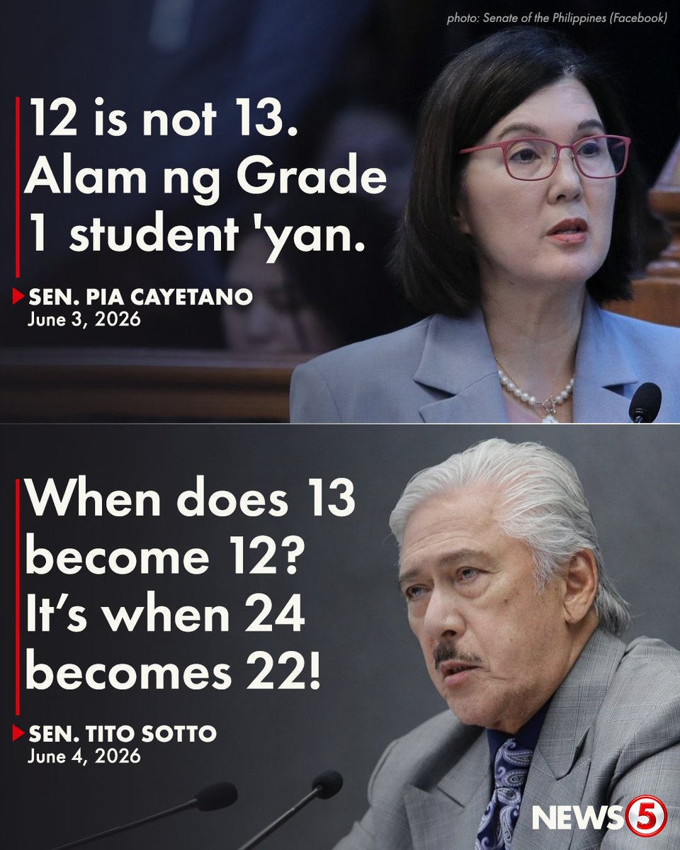 News5PH's tweet photo. ‘IT’S WHEN 24 BECOMES 22!’

Ipinaliwanag ni Sen. Tito Sotto kung paano naging 12 ang 13 kasunod ng isinagawang Senate session nitong Miyerkules, June 3.

Naunang kinuwestiyon ni Sen. Pia Cayetano ang validity ng nasabing sesyon.

"When 12 senators convened and purportedly held session, how can that be valid?" pagkuwestiyon ni Sen. Cayetano.

Matatandaan na nakapagtalaga ng quorum sa sesyon nang dumalo si Sen. Chiz Escudero at nahalal naman si Sen. Win Gatchalian bilang bagong Senate President Pro Tempore. Nagkaroon din ng pagpapalit sa committee chairmanships.