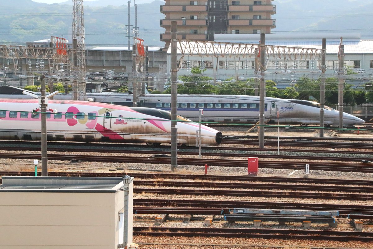 DATSUN9484's tweet photo. ハローキティ新幹線🚄役目を終えて博多車輌基地で停車中ですが引退せず運行継続して欲しい😭
過去のぞみで何度か乗車しましたが九州新幹線つばめ同様大好きな車両です🤩 https://t.co/s7Tr61FWpl
